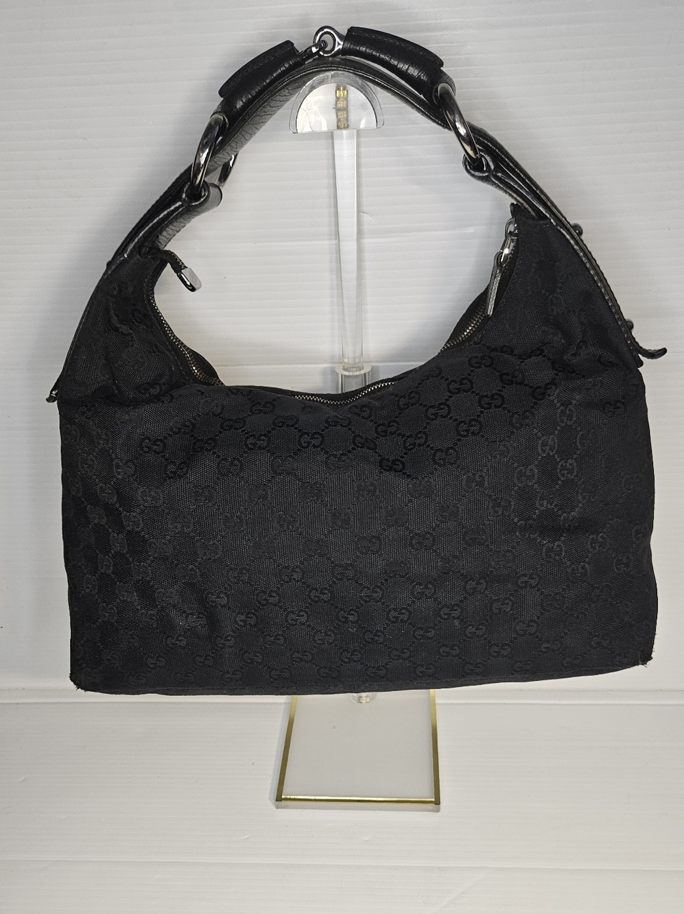 Authentic Gucci Black GG Canvas Horsebit Hobo Shoulder Bag Medium - Picture 2 of 16